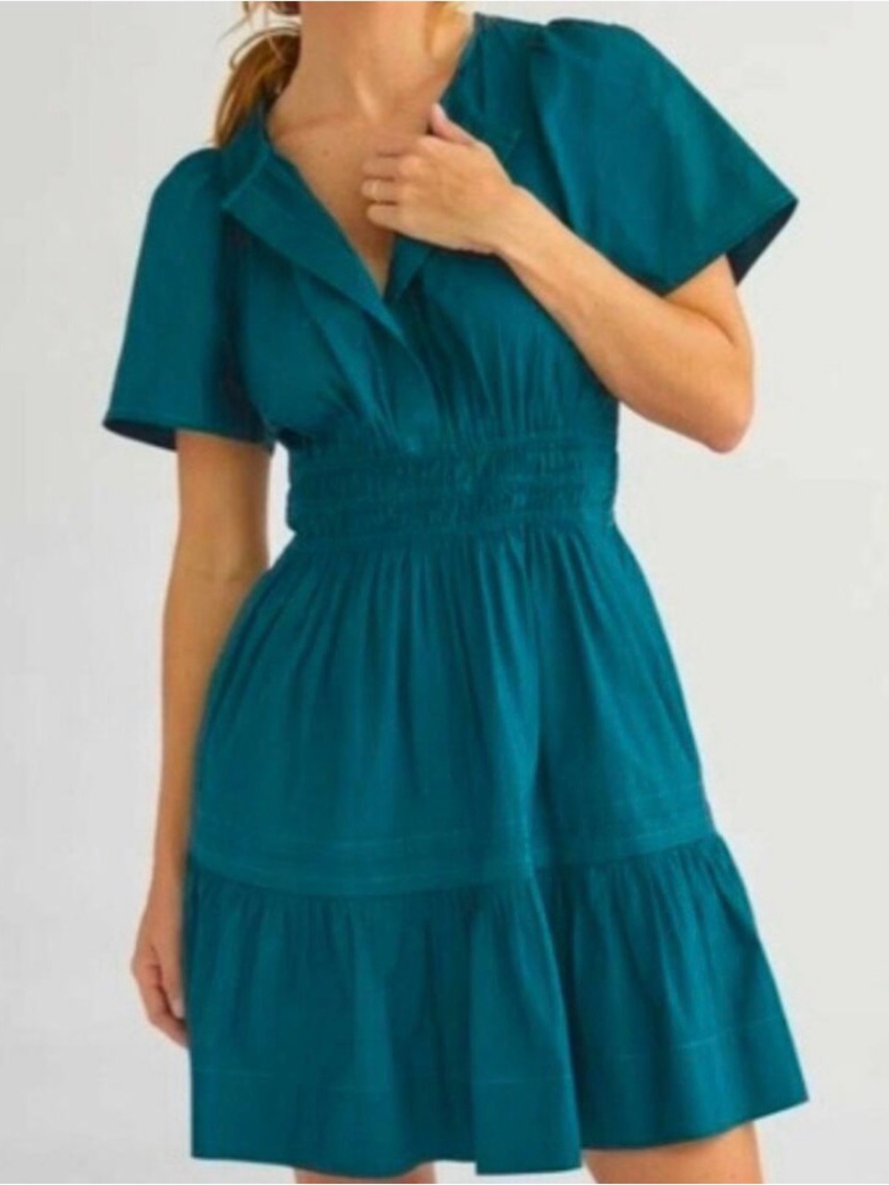 Anthropologie Teal Short-Sleeve Smocked Waist Mini Dress